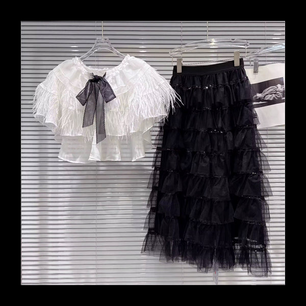Women Ruffled Feather Tie Short Sleeve Two Piece Maxi Skirt Set
