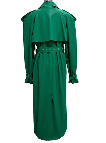 Women Green Faux Leather Fashion Trench Jacket
