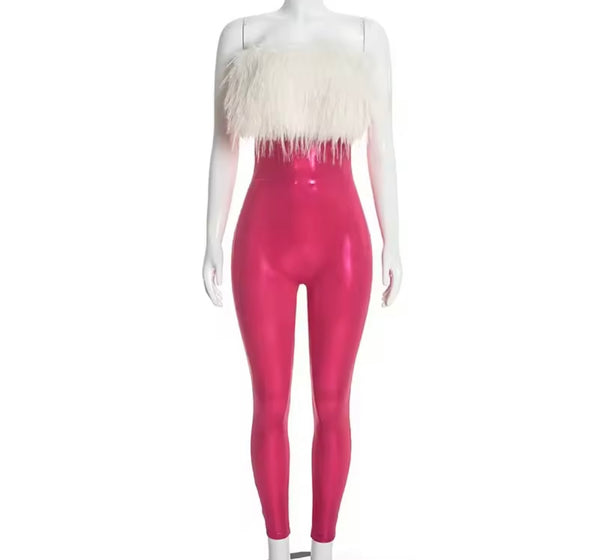 Women Sexy Fur Strapless PU Jumpsuit