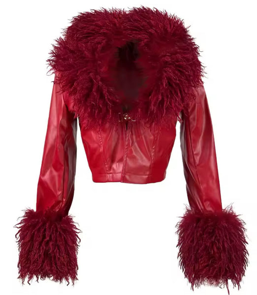 Women Fur Patchwork Fashion Faux Leather Two Piece Capri Pant Set