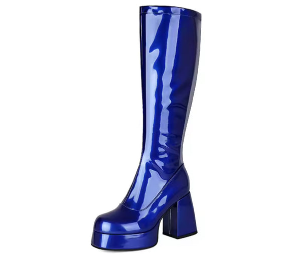 Women Fashion Round Toe Patent Leather Square Heel Boots