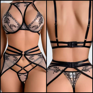 Women Sexy Printed Mesh Cut Out Lingerie Set