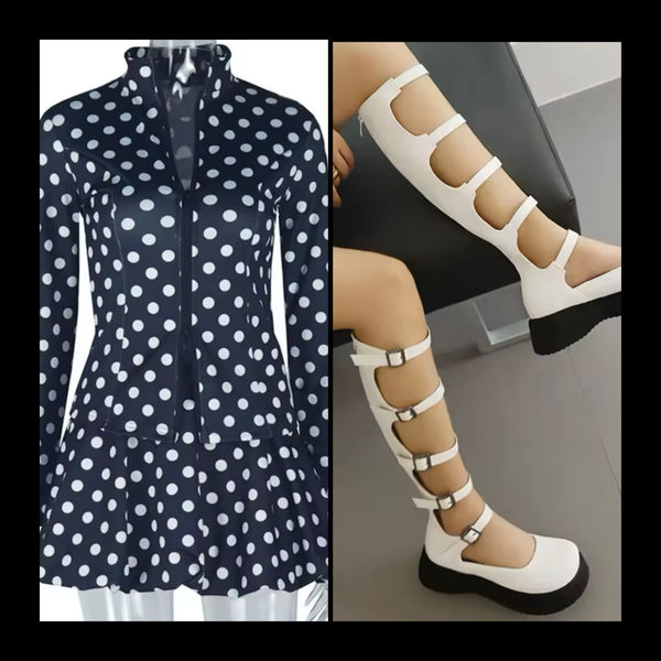 Women Fashion B&W Polka Dot Zip Up Two Piece Skirt Set