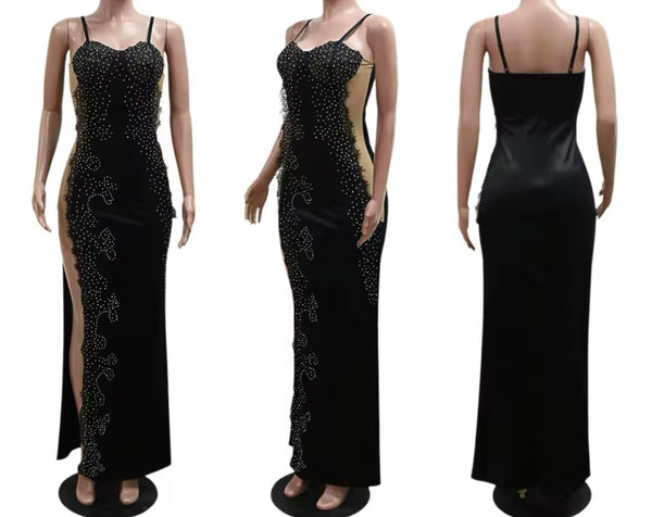 Women Sexy Sleeveless Bling Mesh Patchwork Satin Maxi Dress