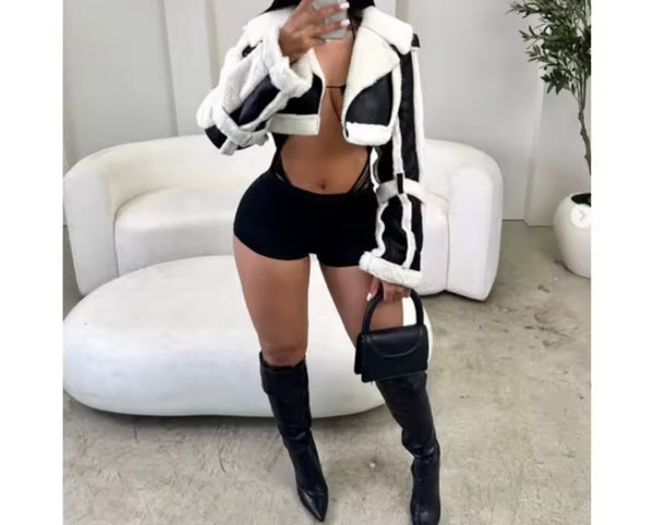Women B&W Fashion Faux Leather Patchwork Two Piece Romper Set