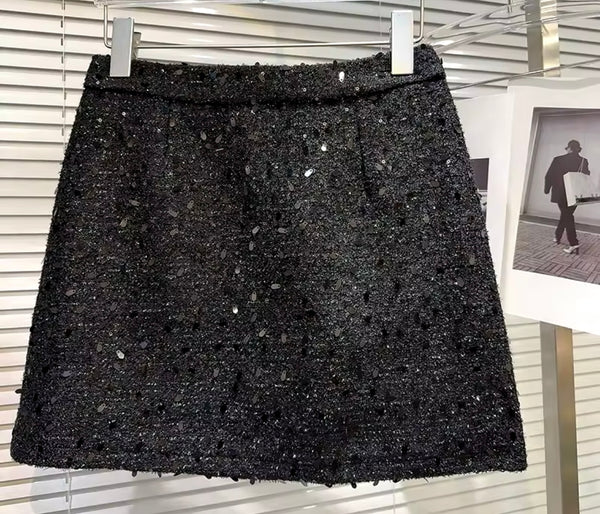Women Black Sexy Sequins Bling Blazer Two Piece Skirt Set