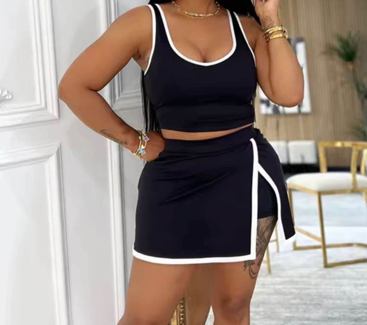 Women Two Piece Sleeveless Color Patchwork Skirt Set