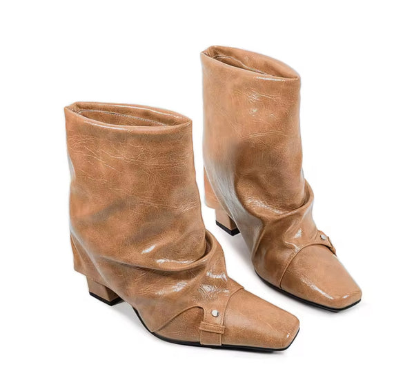 Women Color Square Toe Fashion Faux Leather Ankle Boots