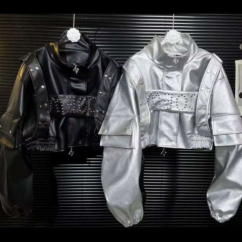 Women Fashion Rivet Faux Leather Jacket