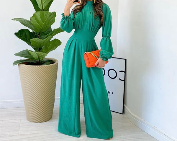 Women Sexy Solid Color Full Sleeve Wide Leg Jumpsuit