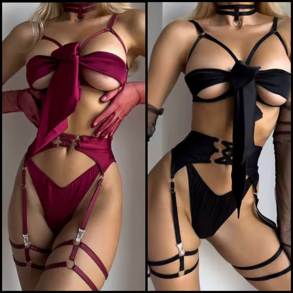 Women Sexy Bow Choker Glove Lingerie Set
