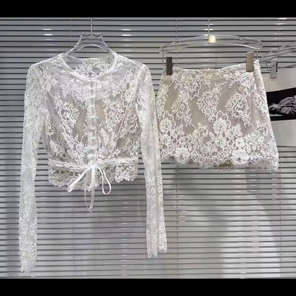 Women White Lace Button Up Full Sleeve Two Piece Skirt Set