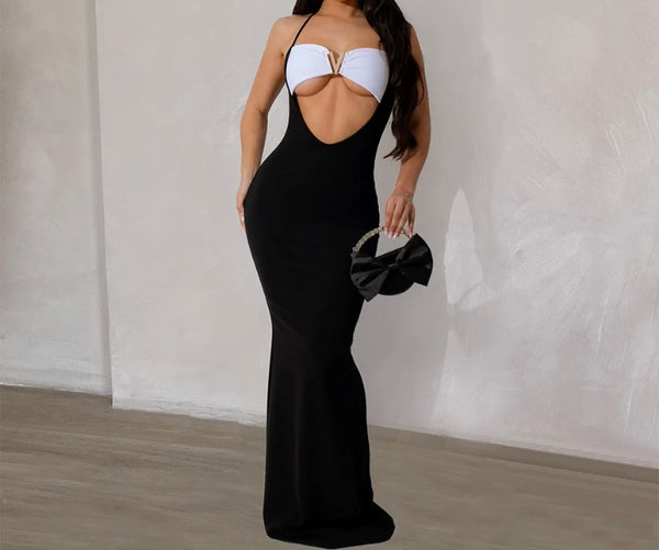 Women Sexy B&W Bling Halter Sleeveless Cut Out Maxi Dress