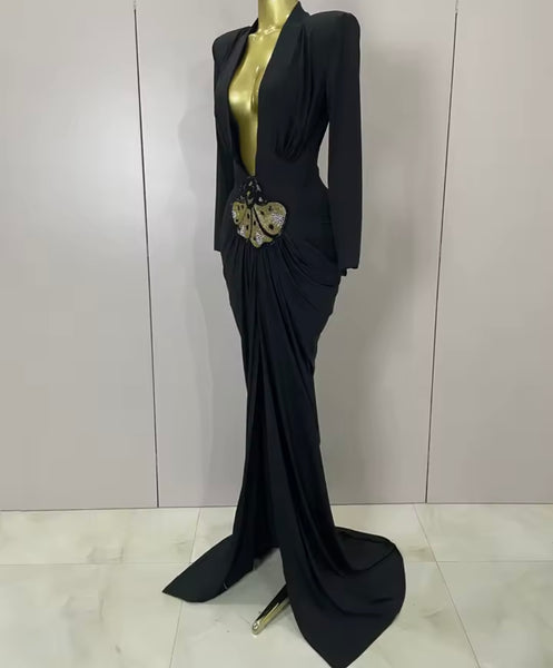 Women Sexy Black Deep V-Neck Full Sleeve Bling Maxi Dress