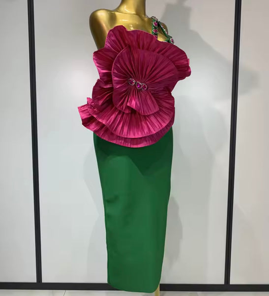Women Green One Shoulder Crystal Sleeveless Pink Floral Dress