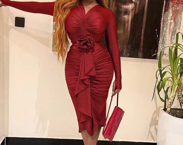 Women Sexy Full Sleeve Ruched Floral Ruffled Dress