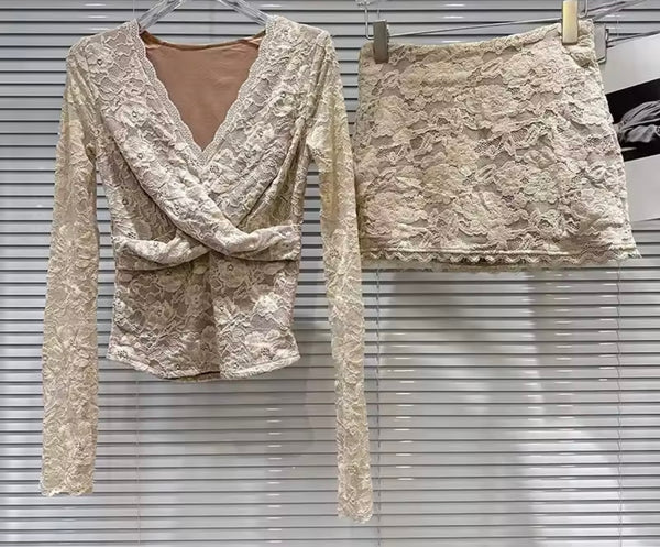 Women Sexy V-Neck Lace Full Sleeve Two Piece Skirt Set