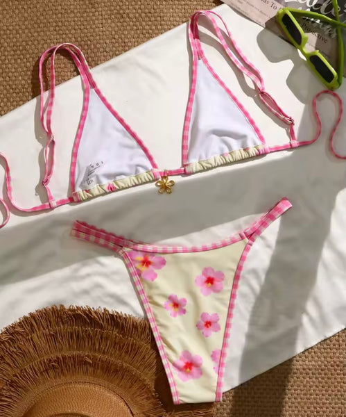 Women Sexy Pink & White Floral Bikini Swimsuit