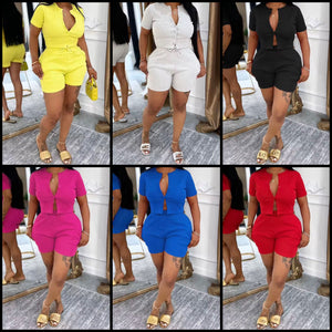 Women Fashion Button Up Short Sleeve Two Piece Short Set