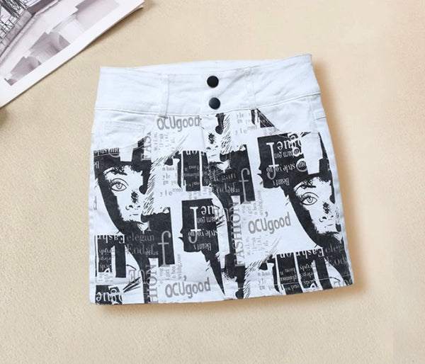 Women Fashion White Graffiti Print Denim Skirt