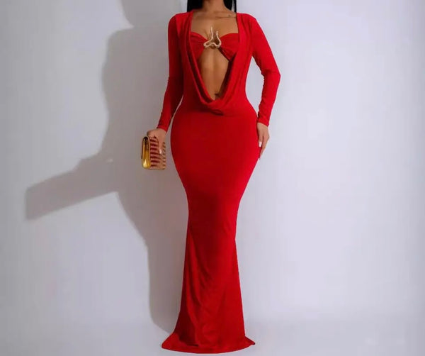 Women Sexy Metal Cut Out Full Sleeve Solid Color Maxi Dress