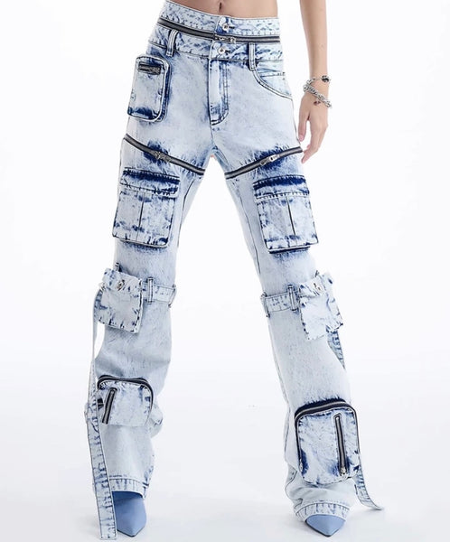 Women Fashion Zipper Detachable Cargo Denim Pants