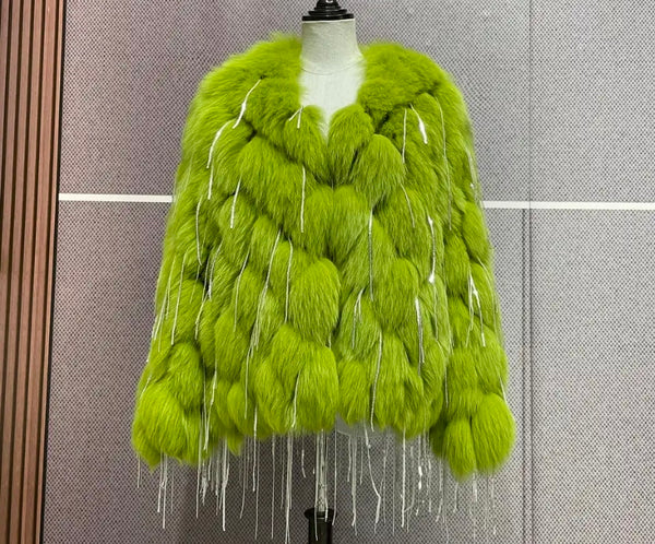 Women Fashion Faux Fur Bling Tassel Jacket