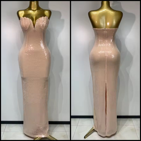Women Sexy Pink Strapless Sequins Maxi Dress