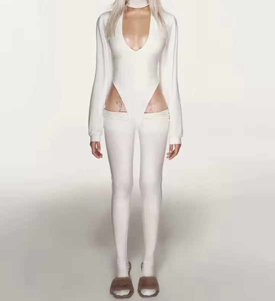 Women Choker Full Sleeve Fashion Bodysuit Two Piece Pant Set