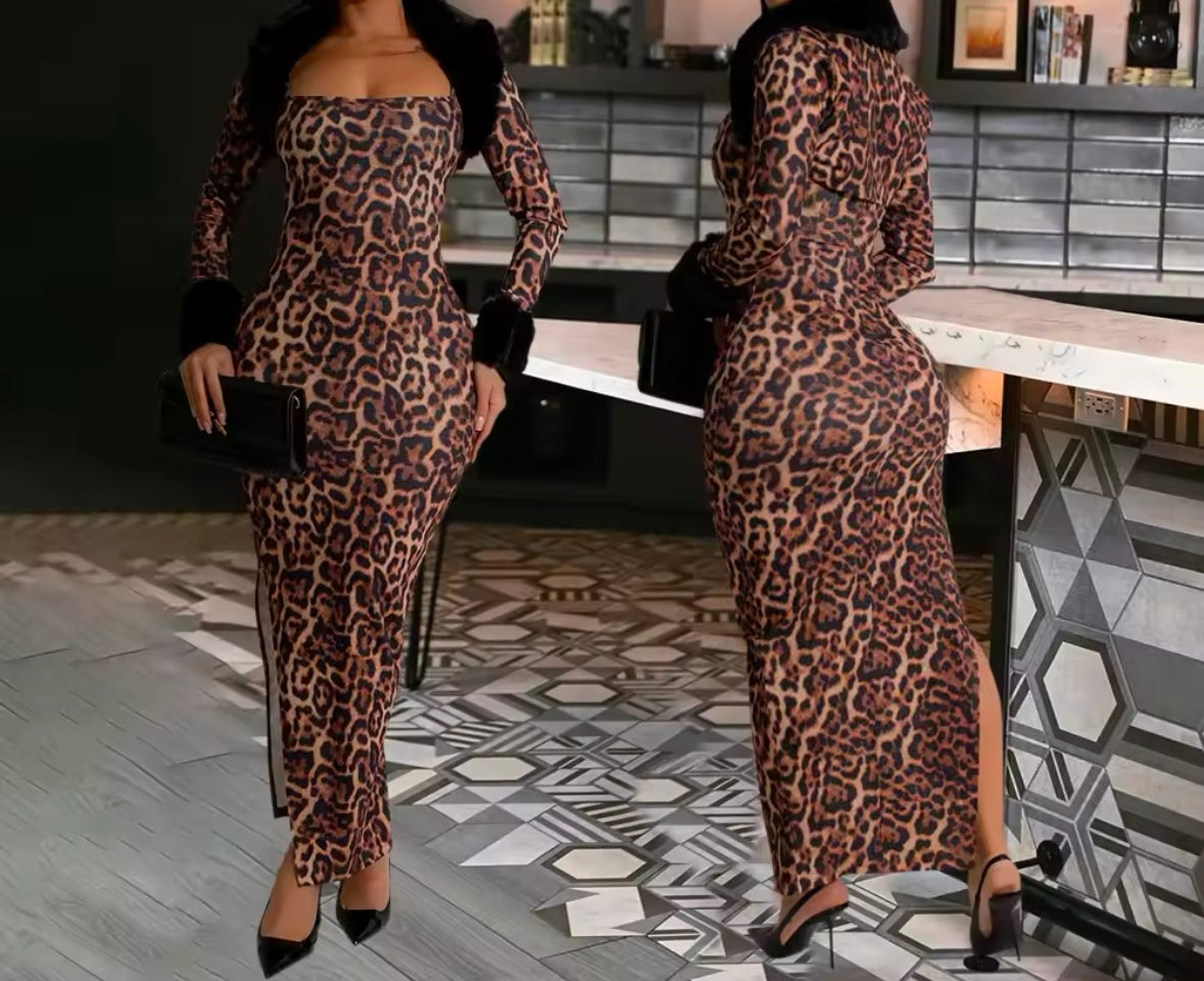 Women Sexy Leopard Faux Fur Full Sleeve Two Piece Maxi Dress