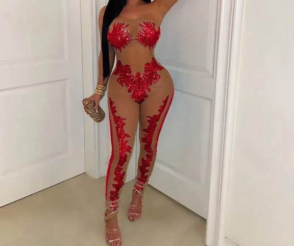 Women Sexy Strapless Sequins Mesh Patchwork Jumpsuit