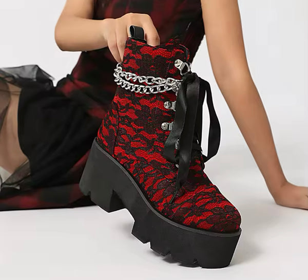 Women Fashion Lace Chain Platform Ankle Boots