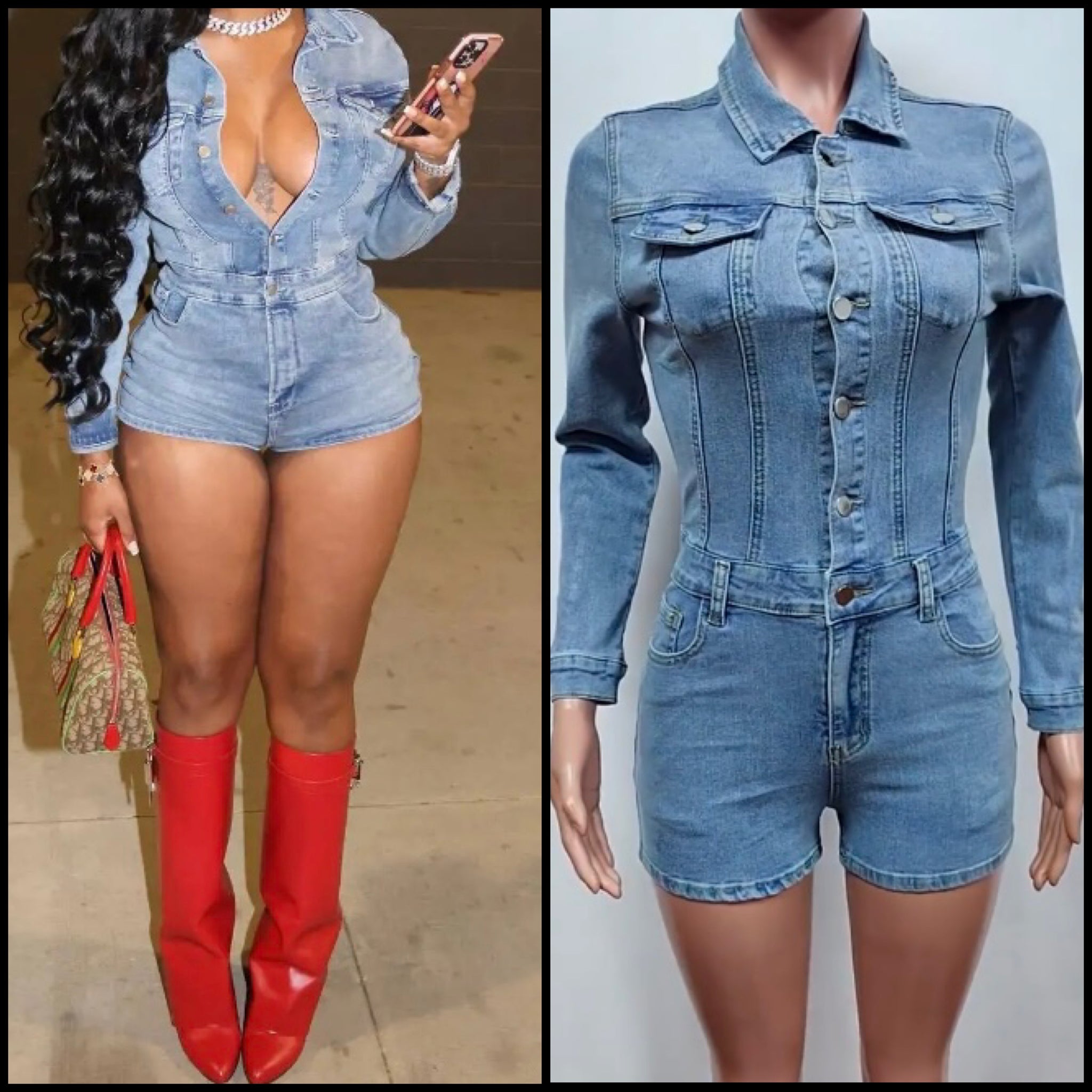 Women Button Up Full Sleeve Fashion Denim Romper