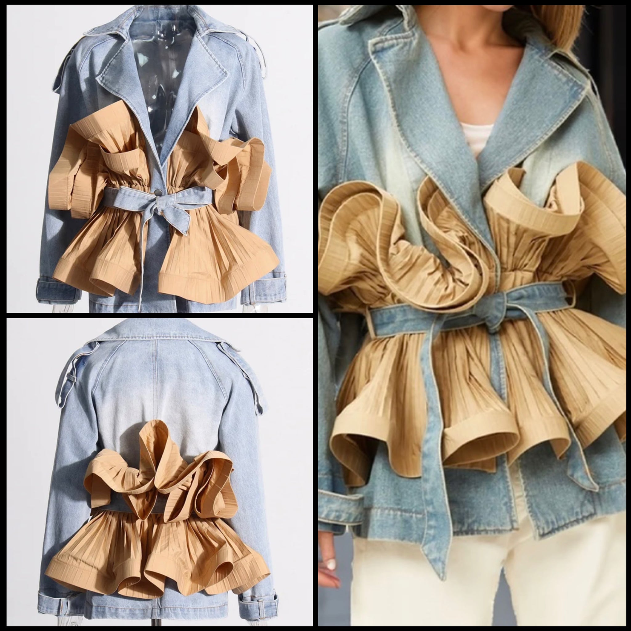 Women Fashion Color Ruffled Patchwork Denim Jacket