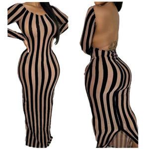 Women Sexy Full Sleeve Striped Open Back Maxi Dress