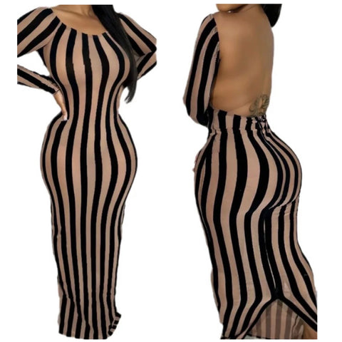 Women Sexy Full Sleeve Striped Open Back Maxi Dress