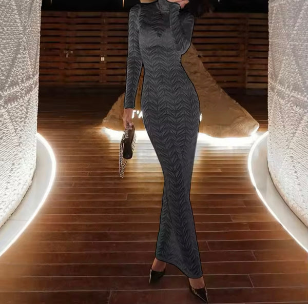 Women Sexy Solid Color Printed Full Sleeve Maxi Dress