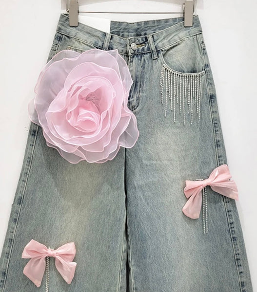 Women Fashion Pink Floral Bow Tassel Denim Pants