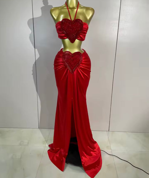 Women Red Halter Sleeveless Bling Heart Two Piece Maxi Skirt Set