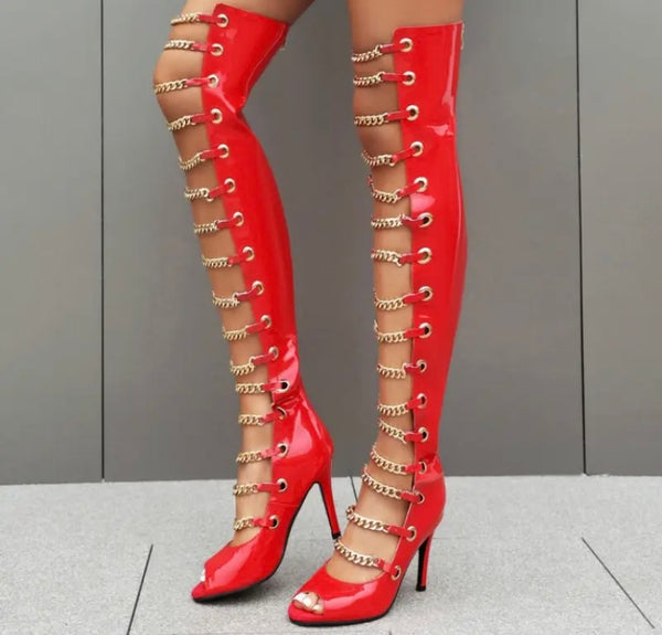 Women Fashion Open Toe Chain Patent Leather Knee High Boots