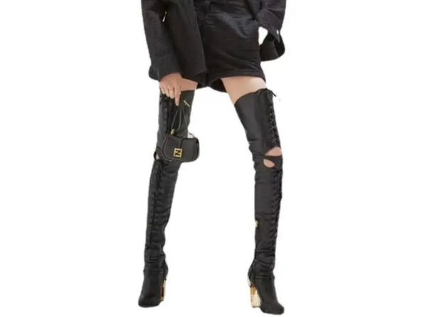 Women Black Gold Heel Fashion Lace Up Thigh High Boots