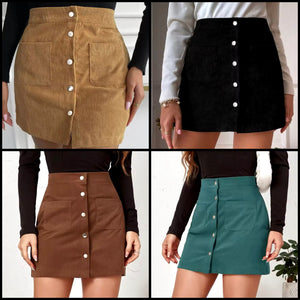 Women Color Button Up Corduroy Fashion Skirt