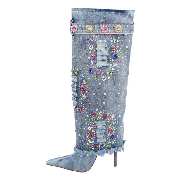 Women Pointed Toe Color Crystal Denim Knee High Boots