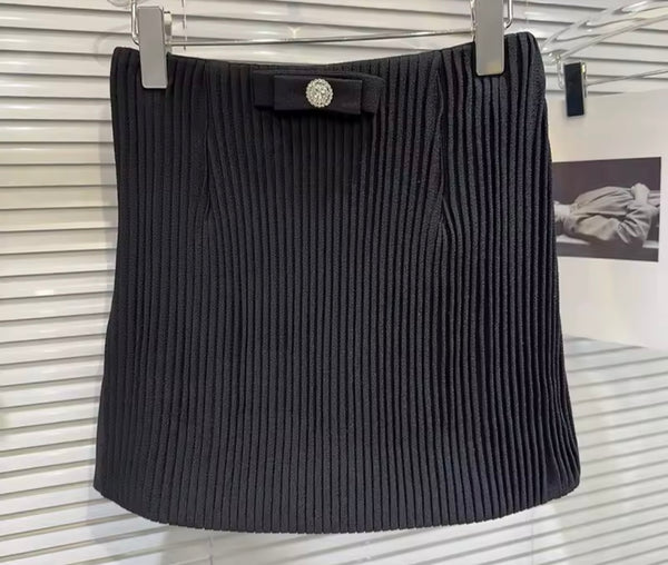 Women Button Bow Sleeveless Ribbed Sexy Two Piece Skirt Set