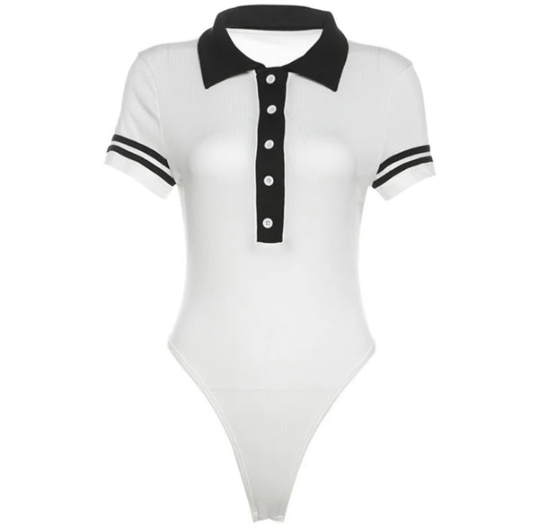 Women Fashion Button Up Short Sleeve B&W Bodysuit Top