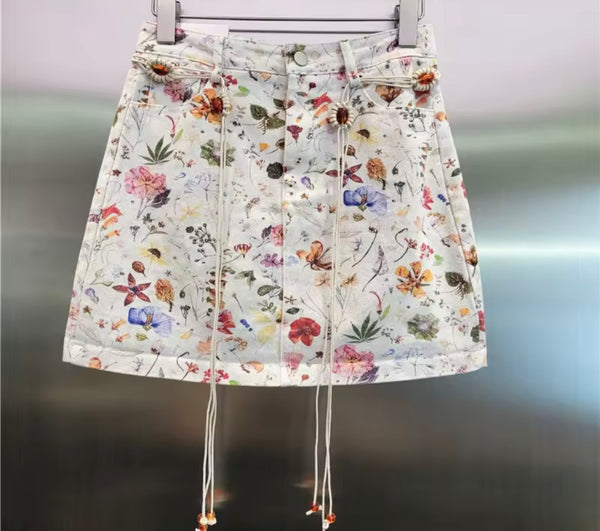 Women Sexy Fashion Floral Belted Denim Skirt