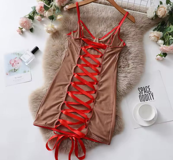 Women Sexy Sleeveless Open Back Lace Up Mesh Nightgown Lingerie