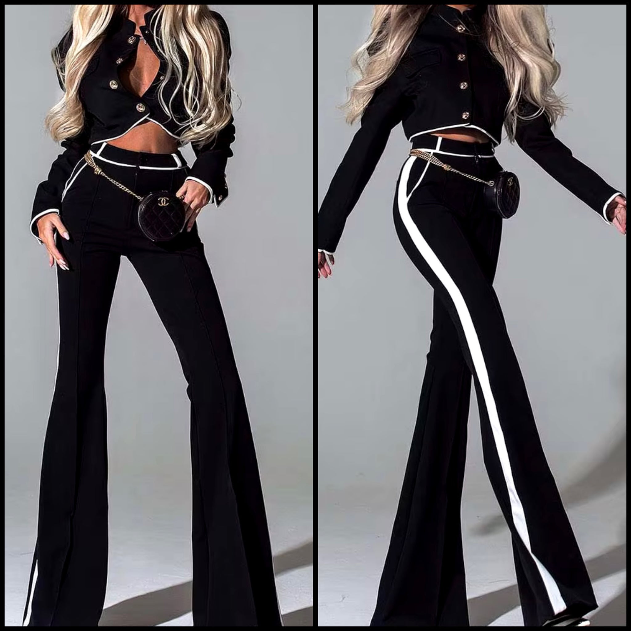 Women Fashion B&W Striped Button Up Two Piece Pant Set