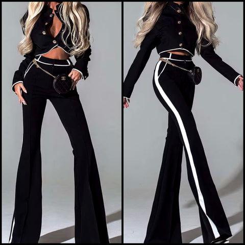 Women Fashion B&W Striped Button Up Two Piece Pant Set