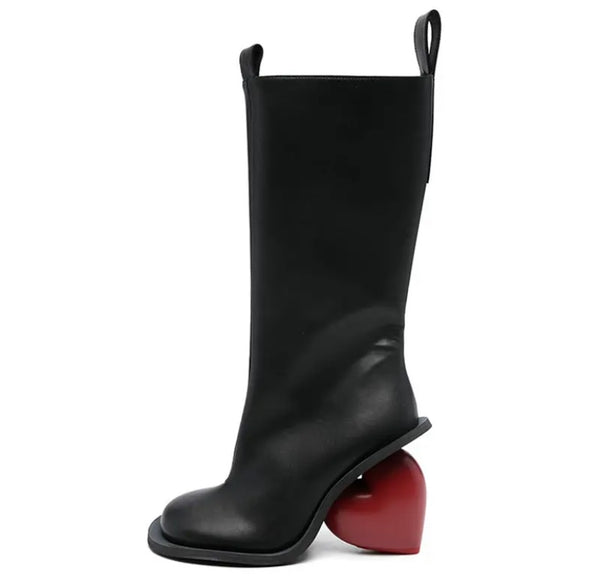 Women Fashion Faux Leather Heart Heel Knee High Boots